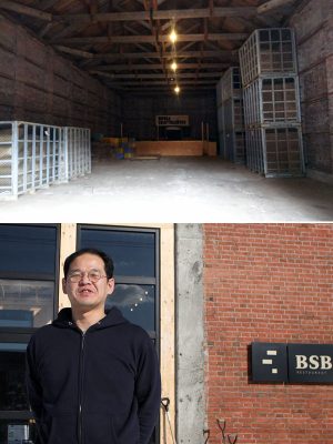 リノベーション前の農業用倉庫（上）。ブルワリーとビールの可能性について話す高橋さん（下）