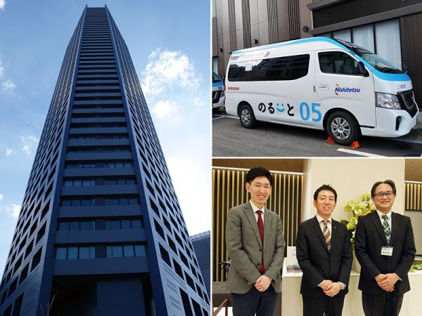 左/「福岡市東区香椎照葉5丁目」エリア、センターマークス街区にそびえ立つ分譲マンション「センターマークスタワー」<br>
右上/センターマークスタワーのすぐそばには、西日本鉄道株式会社が運営するアイランドシティ自動車営業所がある。福岡市アイランドシティ地区で運行中の、オンデマンドバス「のるーと」。利用者は専用アプリをダウンロードして配車予約をすることができる。運行期間は2021年4月24日までを予定している<br>
右下/お話をうかがった部署横断メンバーの方たち。左から、西日本鉄道株式会社 マンション事業部 商品企画課の原 周一郎さん、西日本鉄道株式会社 住宅事業本部 マンション事業部 シニア事業課 課長の武田祐貴さん、西鉄ケアサービス株式会社の興梠 義則さん