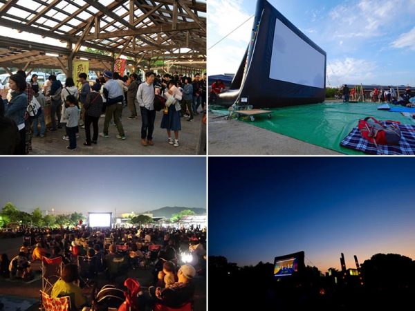 左上／第一回「いとシネマ」、上映前の飲食会場も大賑わいだった　右上／クラウドファンディングで購入した大型スクリーン　左下／上映したのは片渕須直監督のアニメ「マイマイ新子と千年の魔法」。入場は無料で、当日の不安定な天気にもかかわらず、約2000人が詰めかけた　右下／夕暮れの空に輝く「いとシネマ」のロゴ（写真提供：いとシネマ）