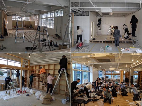 「みんなの」の内装工事風景。ペンキ塗りや木部のやすり掛け、オイル塗り、椅子の組み立てなど、「いとしまちカンパニー」や「いと会」の面々をはじめ、市やNTT西日本、タウン誌のスタッフも総出で行った（写真提供：いとしまちカンパニー）