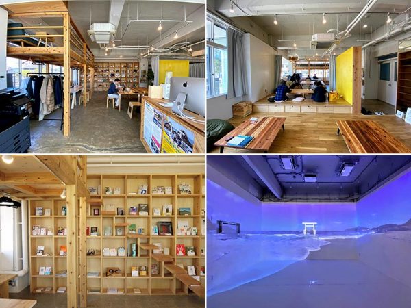 左上／エントランスから「みんなの」コワーキングスペースを見る。左手に中2階がある　右上／「みんなの」内観全景。手前は靴を脱いで上がるスペース　左下／「みんなの本棚」。まだ蔵書は少ないが、最大700冊収納できる　右下／4面プロジェクションマッピングによる動画上映。機材は「ラン風」が無償で提供した。写真の映像は糸島の名所「二見ヶ浦」。お天気の悪い日でも晴れた海辺や夕暮れをヴァーチャル体験できる
