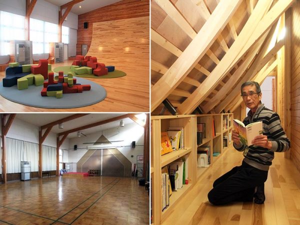 旧体育館には圧巻の巨大斜面（左上）ができたが、改修前（左下）の雰囲気も感じられる。斜面裏の図書スペースを紹介する館長の渡辺さん（右）