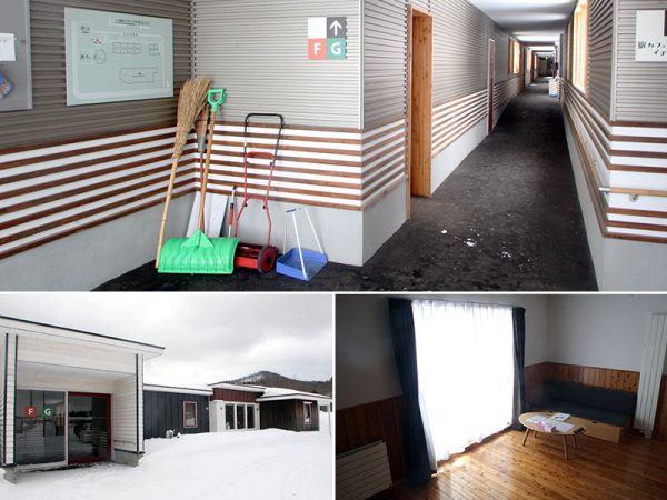 バリアフリー設計となっている集住化住宅のエントランスと廊下（上）。集住化住宅に併設されているカフェ（左下）と、誰でも利用できる宿泊部屋（右下）