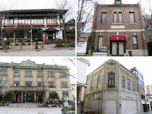 写真は左上から時計回りに、江戸時代は脇本陣を務めていたという老舗旅館五明館、池波正太郎が愛した宿として知られ、現在は郵便局。一時期善光寺郵便局として使われていたこともある煉瓦造りの西洋館は1912（明治45年）築で現在はレストラン＆喫茶「茶茶れんが館」。1877（明治10）年創業の中澤時計本店の建物は1924（大正13）年に道路拡幅に合わせて建替えられた。同時期に建替えられた藤屋旅館は北国街道・善光寺宿の本陣で堂々たる外観に圧倒される