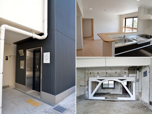 右上）子育て世帯を対象にした住戸。右下）店舗改修の際に入れられた耐震ブレース。左）建物の外側に設置されたエレベーター