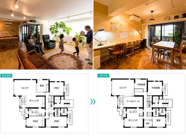 ▲ダイニングスペースを見直し、家族の共用部分としてリノベーション。壁際に長いデスクを設置したことで子どもも勉強ができるワークスペースに