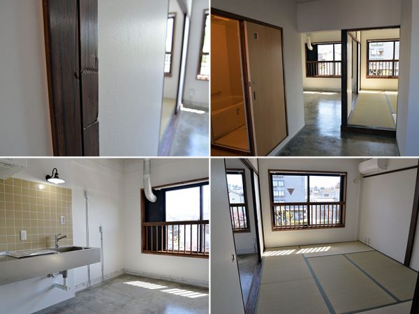 右上）右下）左下）これらは同一の土間付き住戸内の様子。左上）別の土間付き住戸の一部。団地時代から残してある柱には、以前の住人が付けたキズも。身長を記録していたのだろうか、こういった部分もあたたかみを感じさせる