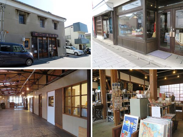 写真左上下は東町にあるオフィス、カフェ、古書店からなる複合施設KANEMATSU。右上下は西之門町にある雑貨のセレクトショップRoger。1893（明治26）年築のもともとは電気店で、その後変遷を経て2012年に改装された