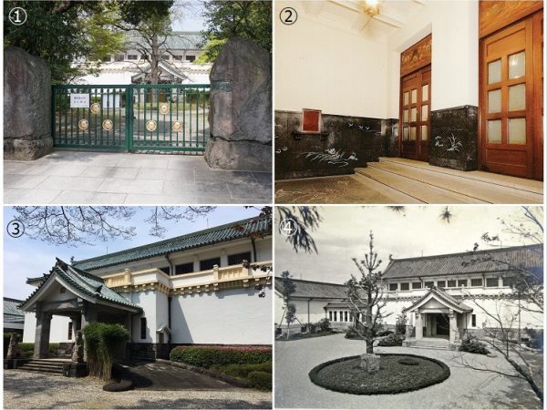 ①徳川美術館の玄関は、現在は新館となっているため、切り妻屋根の本館玄関は美術館専用駐車場がある敷地南側から正面を見ることができる。または、新館の展示室から本館へ移動する通路の窓越しに横面を見られる。2016(平成28)年には本館の耐震補強工事が行われた<br>②本館玄関内。腰壁の図様には、美術館の母体である公益財団法人徳川黎明会にちなみ、「れ」「い」「め」「い」「か」「い」という文字が配されているので、探してみるのも楽しい(写真は「徳川美術館ガイドブック」より)<br>③本館玄関の外観。屋根には瓦と同色の鯱が飾られている<br>④施工当時の本館と南収蔵庫(写真左側) 。南収蔵庫は、新館の建物ができたため、現在は外側からは壁の一部が見られるのみとなっている(左下と右下の写真提供：徳川美術館)