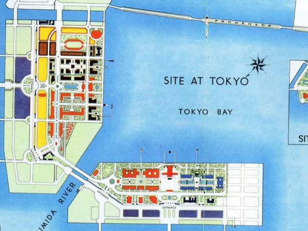 1940年の万博・五輪会場(左)と新都庁（当時は、市庁）舎(下)