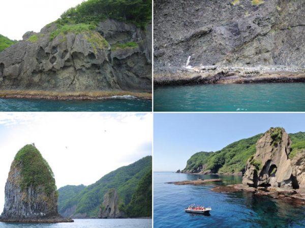 左上/オバケ岩　右上/昔の船着き場の名残も残る　左下/紫檀島とアオサギたち　右下/ドローンで撮影した耳岩と左に見えるのがタタミ岩