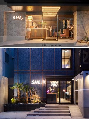 本格的な実施の前に、CHILLNN関連会社が運営する「HOTEL SHE,KYOTO」（写真上）と「HOTEL SHE,OSAKA」で実験的運用が行われている