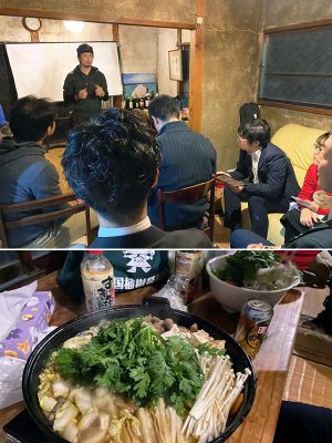 今年1月に開催された『まちに関わる人の話を聞くってばよ！#7〜名古屋コーチン編〜』の様子。懇親会では名古屋コーチンを使った「ひきずり」をみんなで堪能した。