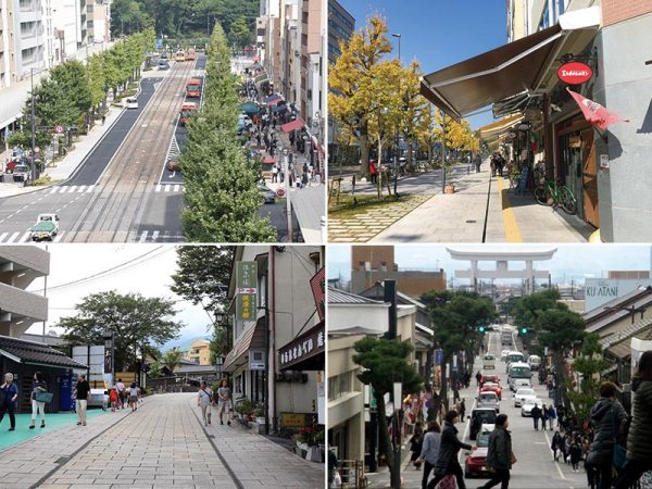 上2点／松山市 花園町通り（写真提供：松山市）</br>左下／別府市 鉄輪温泉（国土技術政策総合研究所提供を加工して作成）　右下／出雲市 神門通り（写真提供：島根県）