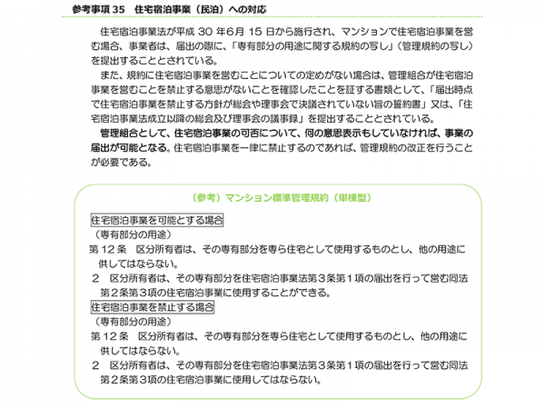 マンション管理ガイドブックでは、「マンションの浸水対策や参考となる事例」「電気自動車等用充電設備の導入方法や事例」「住宅宿泊事業(民泊)への対応」などについても触れられている。画像は「参考事項35 住宅宿泊事業（民泊）への対応」<br>
東京都マンションポータルサイトより<br>
http://www.mansion-tokyo.jp/pdf/48kanri-guide/03guidebook_all.pdf