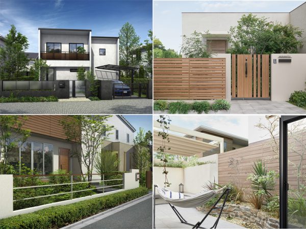 （左上）アプローチまわりとコーディネートしやすいデザインのフェンス。採光できるポリカーボネートパネルタイプ。「ルシアス フェンス J01型」　（左下）フラットな笠木が印象的な、間仕切柱タイプの連続フェンス。「ルシアス フェンスLite03型」　YKK AP
（右上）木の風合いとぬくもりを再現し、手仕事を思わせる優しいフォルムが特徴。住宅トレンドに調和する「チェリーウッド」「ラスティックオーク」「オーク」の3色を新たに追加、全7色から選べる。「フェンスAA」「開き門扉AA」のコーディネート例。（右下）家側から見た「フェンスAA」施工例　LIXIL 
