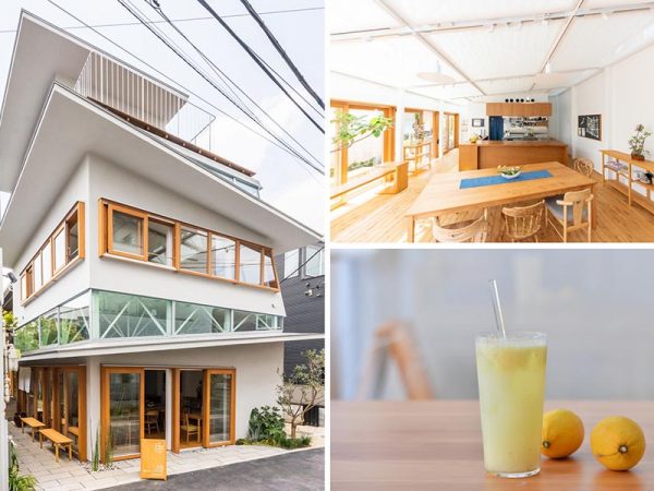 開放的で個性的な建物。1階には食堂のような場所があり、おいしい湯上がりの1杯などが楽しめる