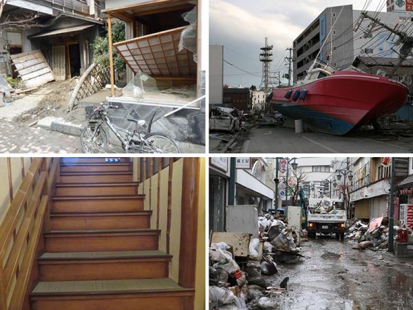 左上から時計回りに被災後の八幡家入り口、街中の風景2枚、今も店内の階段に当時、水が来た高さの表示がある