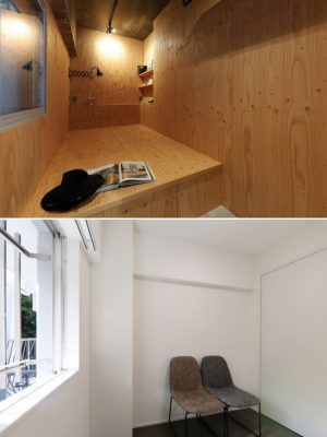上／「丸美タウンマンション今池」の書斎兼ベッドスペース。小上がりの上にダブルのマットレスを置けばホテルのよう。壁側のカウンターでパソコン作業もこなせる　下／「八事サンハイツ」の2.5畳の洋室。窓があるのでコンパクトな室内でも閉塞感がない。ウォークインクロゼットと繋がり、オンライン向けの着替えもここで完結！