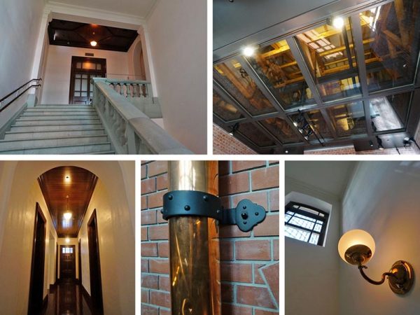 ▲左上：倉庫の中に残されていたパーツを使った石材の階段手すりは一部だけ色が違っている。右上：コンドルの設計図通り、建物はレンガ構造の上に木造建築を乗せた構造に。現在の建築基準法では、この規模の木造建築は本来建てられないルールになっているが、耐火性の実証実験を行った上で“復元”が許された。木造建築部分はガラス張りになっており、下階の展示室から中の様子を確認できるようになっている。雨どいは銅製、照明金具のネジのプラス・マイナスまで当時の設計に合わせたというから、復元への徹底したこだわりが窺える