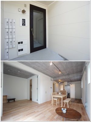 上／アパートのエントランスドアはアンティークの木の扉を希望していたが、木は反ってしまうためオートロック対応ができないなどの壁にぶつかり、既存の製品をアイアン風に加工した。取っ手は工具のスパナにしてDIY賃貸を表現。下／DIYが映える、シンプルだが洗練された部屋