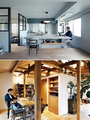 上／［事例4］大きなアイランドキッチンを造作し、カウンターに向かって右側をワークスペース、手前をダイニングスペースとして使用する。下／［事例5］ダイニングを妻のワークスペースとしても活用している。階段を挟み反対側はリビング