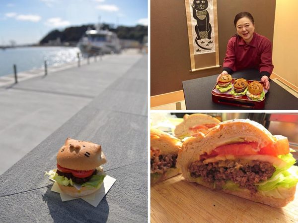 まきのねこバーガー。断面は仙台牛100％のもの。ぎっちり肉が詰まった感じで食べ応えがある。バンズも含め、ふわふわ頼りない品に慣れている人には驚きの味かもしれない