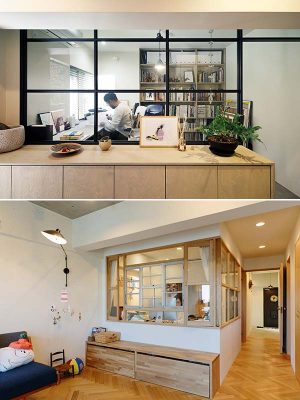 上／［事例6］夫のワークスペース。ガラスで間仕切り、ワークスペースから玄関（写真手前）まで開放感が。下／［事例7］妻のワークスペース。集中したいときは内部のカーテンを閉める