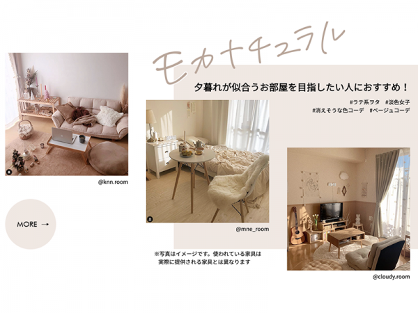 写真の「モカナチュラル」のほか「ホワイトモダン」シリーズもある。このプロジェクト立ち上げ前の19歳～24歳へのアンケートからは、「家具は長く使い続けたい」という声が多かったという