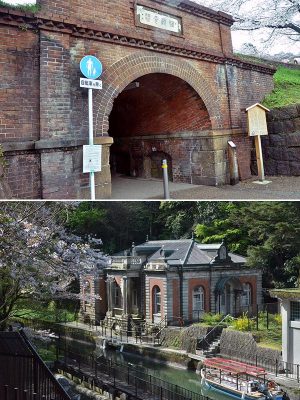 上/インクラインの下を通る、南禅寺に続く歩行者専用のトンネル「ねじりまんぽ」。トンネルの内部のレンガが、渦を巻いているようにらせん状に積まれている。ちなみに、まんぽとはトンネルを意味する古い言葉である 下/重厚感のある、ネオ・ルネサンス建築の「旧御所水道ポンプ室」。迎賓館赤坂離宮や京都国立博物館の建築で知られる片山東熊が設計した。びわ湖疏水船の発着地だ