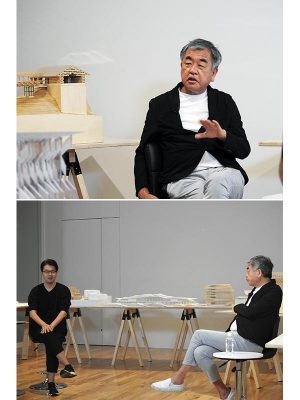 上／隈研吾氏　下／左がエイトブランディングデザインを主宰する西澤明洋氏。対談は、エイトブランディングデザインと、寺田倉庫が運営する建築倉庫ミュージアムのコラボレーション企画だ。背後に置かれているのは、建築倉庫が保管している隈氏の作品模型（写真提供：寺田倉庫）