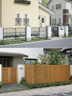 （上）アルミ鋳物の深い質感と優雅なディテールが特徴。連続する美しさが柔らかく境界を作る。「ラフィーネフェンス」　（下）重厚な格子デザインが特徴の高尺フェンス。光と風を取り込みプライバシーや防犯面にも配慮。「プログコートフェンス」　LIXIL