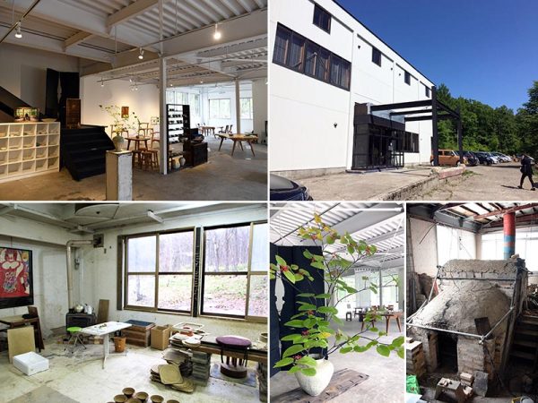 ギャラリースペース（左上、下段の左から2枚目）、外観（右上）、作業場（左下）、元大浴場にできた登り窯（右下）