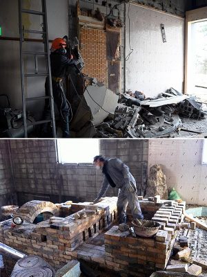 大浴場だったスペースを解体し（上）、登り窯を作る工藤さん（下）