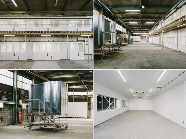 左上）個室スタジオは2階建ての建物に9室　右上）立体作品制作用の「Large Studio area」　右下）共同で利用できるラボ兼ギャラリー　左下）「Large Studio area」のモバイルスタジオ（写真提供：千島土地　撮影：増田好郎　）