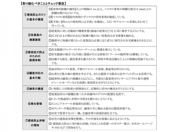 『新型コロナウイルス感染拡大防止と事業再開にあたっての実務対応チェックリスト』の「取組べきこととチェック項目」