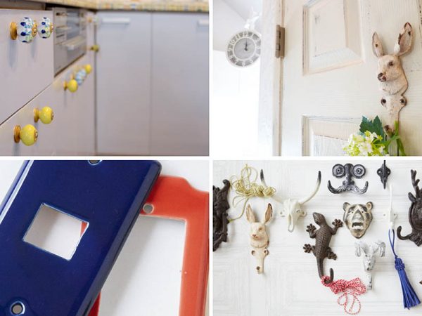 取っ手やスイッチプレート、フックを変えるだけで部屋の雰囲気は大きく変わる。左上／参考：夏水組Works（シェアハウスcoharu高田馬場）右上/参考：夏水組Works（シェアハウスricca武蔵小金井）