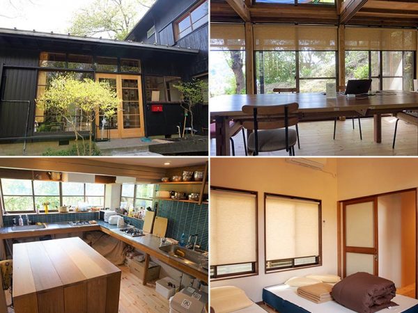 左上：全面ガラスの玄関と黒い外壁のコントラストが印象的／右上：玄関の正面にある大きなテーブルのあるリビングは、コワーキングスペースにもなる／左下：リノベーションしてスケルトンタイプになったキッチン／右下：個室タイプの居室で、他にドミトリータイプもある