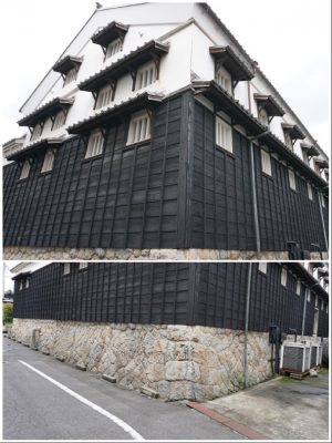 上／カクキューの登録有形文化財のひとつ、本社蔵。外壁は1階部分を黒塗りの下見板張り、2階部分は漆喰仕上げ。<BR />下／近くを流れる矢作川で起きた洪水から守るため、石垣が組まれている