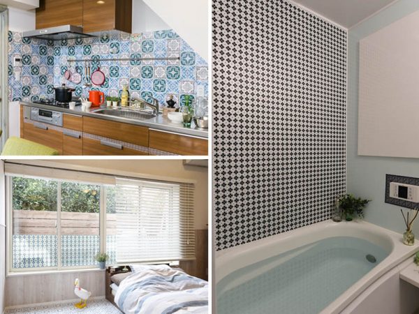 キッチン、バスルーム、窓辺とさまざまな場所に「貼る」だけでインテリアが変わる。使用商品：decolfa各種