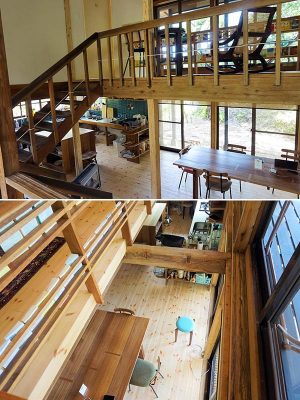 上：玄関から全体が見渡せるスキップフロアで、１階は、ダイニングキッチンになっていて、2階は個々の作業スペースに／下：リノベーションによる窓際の吹き抜けで、光が差し込み明るい