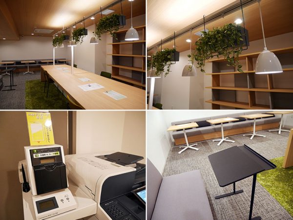 上/1階ワークラウンジ。最大19席設置可能だが、新型コロナウイルス感染予防の観点から設置する席数を減らしている。窓がないものの、植物があり明るい印象。アルコール消毒液もテーブルに置かれていた<br>下左/交通系ICカードで利用可能な複合機<br>下右/傾斜のついたPCデスク