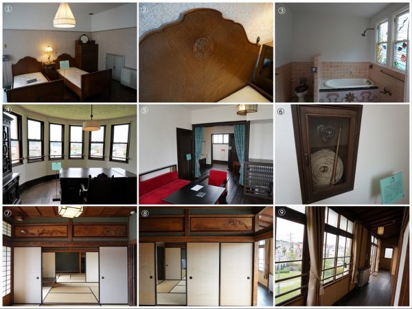 ①寝室②ベッドには立葵の家紋をアレンジしたデザインが施されている③2階浴室。1階の湯殿とは異なり、ここの浴槽は琺瑯(ほうろう)製。主に身支度用のシャワー使いがされていたという。天井裏に大きな水槽タンクがあり、地下のボイラー室から湯を上げ、圧をかけて使う仕組みになっていたという④書斎⑤茶室⑥1階、2階にはそれぞれ消火栓が備えられていた(写真は2階のもの)。2階のベランダには避難ハシゴも備えられており、「火事が頻繁に発生したとされる江戸のDNAが残っていたと思いますし、関東大震災を経験したあとでもあったので、設置したのではないでしょうか。ホースは家の端から端まで渡せる、10ｍの長さ。本来は木の扉で目隠しされていましたが、いまは見えるようにガラス戸にしました」と中野さん⑦3間続きの和室。奥が客間、真ん中が次の間、手前が控の間。客間の床柱や違い棚には、忠次自身が探し求めたというカエデの木を使用⑧客間と次の間の間の欄間は鶴の絵柄で、写真では分かりにくいかもしれないが客間のふすまは金色で山が描かれており、山の上を鶴が舞うというデザインになっている⑨和室の南側には縁側があるため、外から和室の障子が見えないように。1階の夫人室と同様、洋館の雰囲気を損ねないようになっている