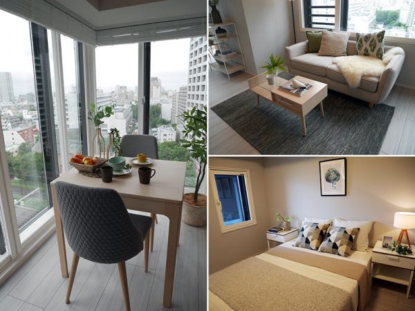 11階、1LDK、46m2、家賃18万6,000円のモデルルーム。左/開放感のある角部屋。夜景も楽しめそうだ<br>右上/床やドアなど白を基調にしたモデルルーム<br>右下/寝室