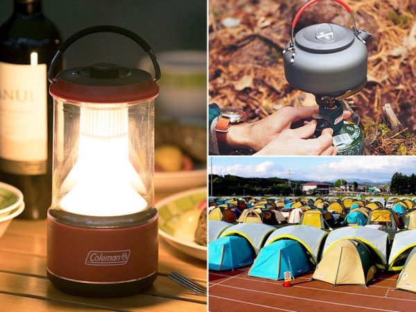 写真左：多目的に使用できるLEDランタン。屋外限定とはなるが強い光量が手に入るガソリンやガスを燃料とするランタンや手元や進行方向を照らすヘッドライトなど、災害時は灯りの確保が重要。<br>写真右上：お湯を沸かしたり、料理を行う際の煮炊きができるアウトドア用バーナーも備えておくと安心。<br>写真右下：実際の避難所での写真。災害時、テントはプライベート空間に。着替えや授乳などのスペース確保に役立ったという。<br>災害時の使用も念頭に置いてキャンプ用品を揃えてみよう