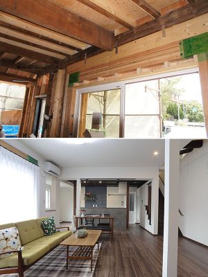 1階リビング。窓や玄関といった開口部は、大きいほど地震に弱くなる。それをカバーするために「YKK AP」の木質耐震フレームと高性能樹脂窓をあわせた開口部耐震商品「FRAMEⅡ」が採用された（写真上は、施工中の様子）。完成後も窓の上部は隠さず、あえて見えるようにしている（写真下）