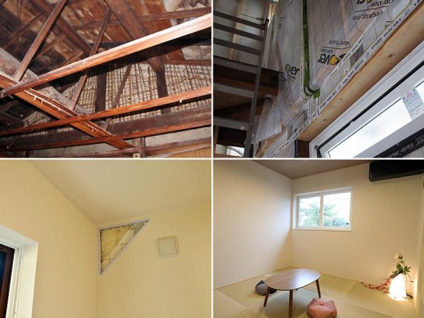 写真左上/2階の土壁部分はリノベーション時に内張り工法で断熱　写真右上/場所によって、吹込み断熱、充填断熱といったさまざまな断熱材を使い分けている　写真左下/階段を上がったところの壁。一部から断熱材を見ることができる　写真右下/リノベーション後の２階和室。こちらの一室は、壁、天井、床の６面に古新聞を原材料とした断熱材が吹き込まれている