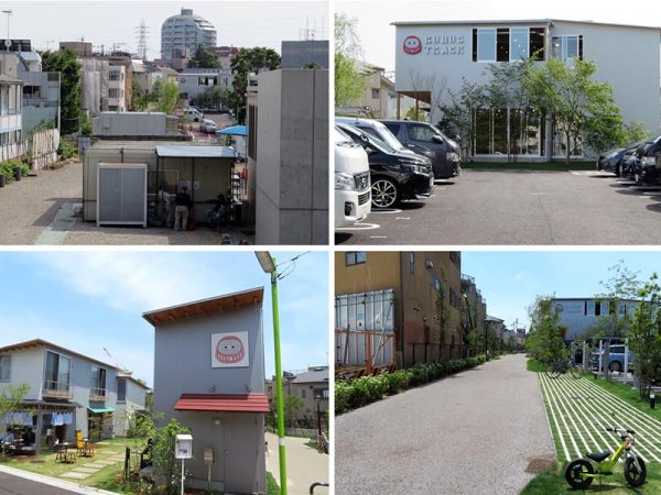 左上から時計回りに、駅からのボーナストラック遠望、通り沿いからボーナストラック中央棟、下北沢駅を背に左側にある区道、世田谷代田側から見たボーナストラック