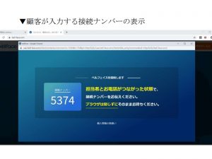 ▲同社ではオンライン接客の際に、商談システム『ベルフェイス』を使用。約束の時間になると販売担当者からまず電話が入り、電話での案内に従ってパソコンを操作して接続ナンバーを発行。そのナンバーを担当者に伝えると、相談がスタートする仕組みになっている