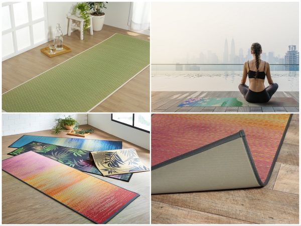 左上／「畳ヨガ」プレーン。左下／写真手前のサンセットなどおしゃれなデザインが目を引く。プレーンは9,800円で、そのほかは7,980円～1万2,000円(各税抜き)。右上／海外で人気が高い、富士山と桜の柄。右下／裏面には、ずれ防止のため、ゴムのような性質を持つプラスチック素材、TPE(熱可塑性エストラマー)を使用。TPEはリサイクルが可能で、環境に優しい素材としても知られる